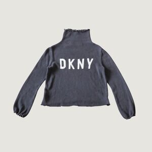 DKNY Sweater Charcoal Grey Logo Turtleneck‎ Lettuce Trim Grunge Medium 90s Retro